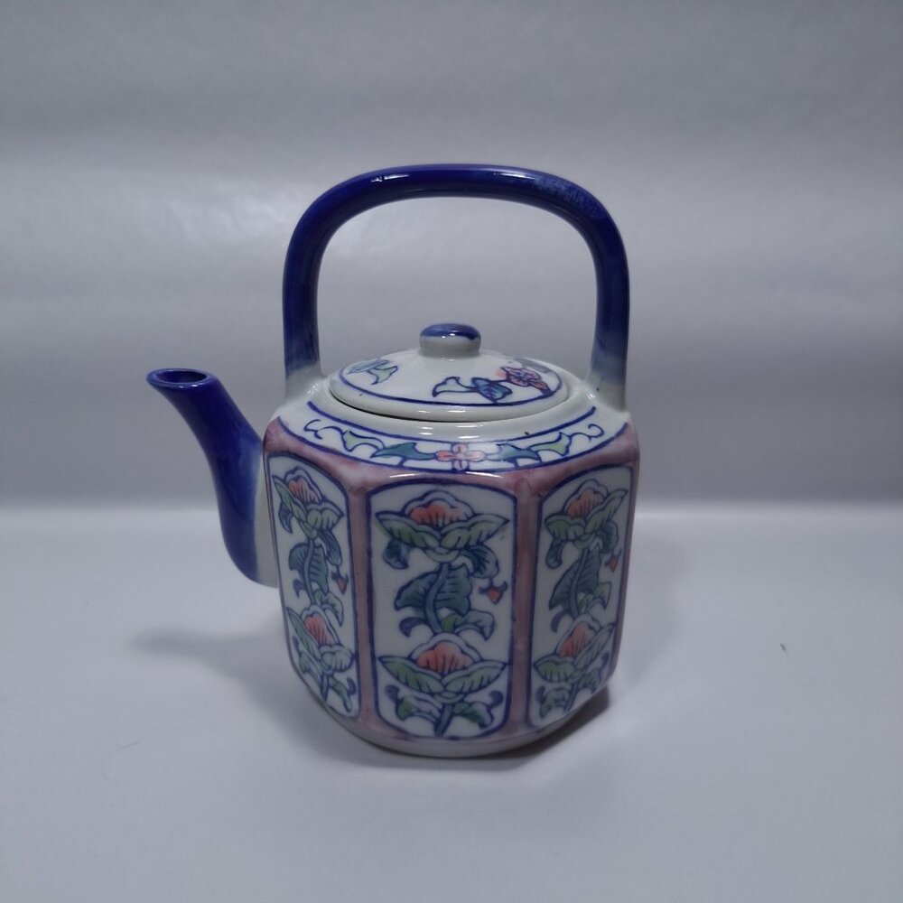 Handpainted Porcelain Teapot Blue Pink Floral Ben Rickert Collectible 5” Signed